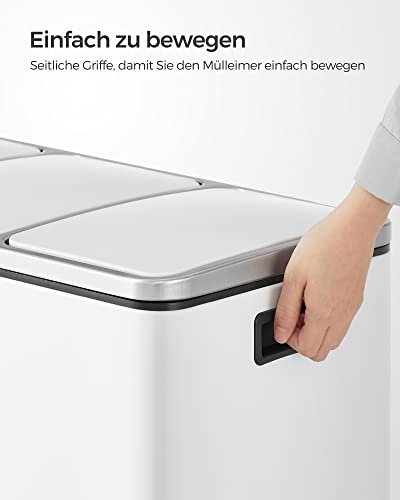 SONGMICS avfallsbeholder, 3-roms pedalbeholder, soft close lokk, innvendige plastbeholdere, hndtak - hvitt stl