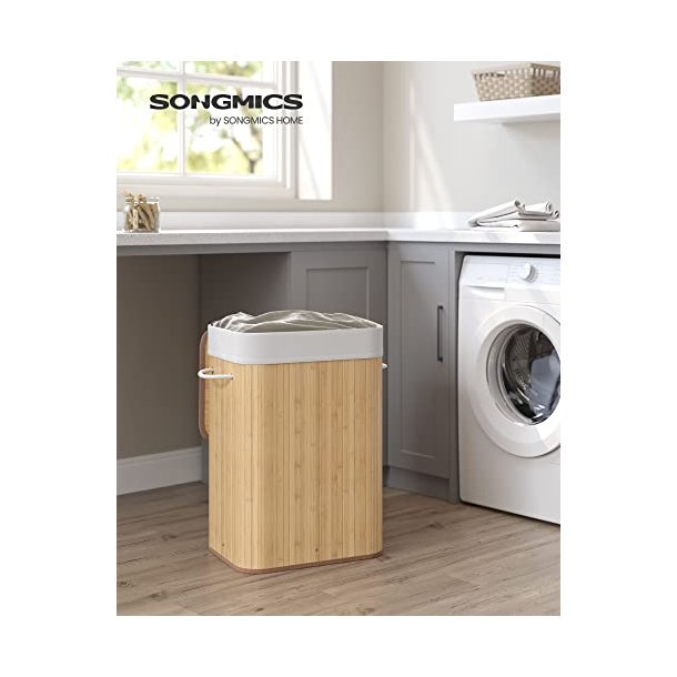 SONGMICS vasketjskurv, foldbar, m. 1 lg, aftageligt og vaskbart for - bomuld og natur bambus