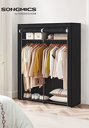 SONGMICS garderobe, sammenleggbar, m. 2 henger og 2 hyller - svart stoff og metall
