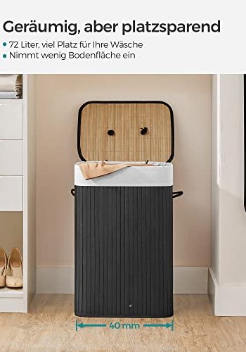 SONGMICS skittentyskurv, rektangulr, sammenleggbar m. 3 hndtak og 1 lokk - bomull og svart bambus