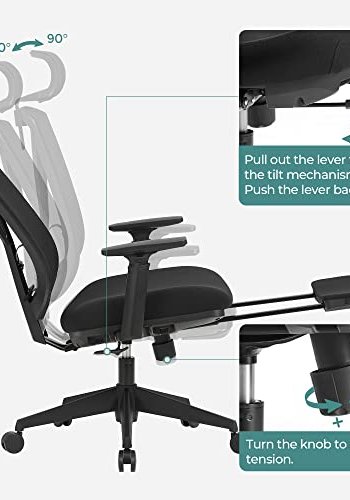 SONGMICS Bürostuhl, m. Fußstütze, Lordosenstütze, verstellbare Kopfstütze, Armlehne, Wippfunktion – schwarz