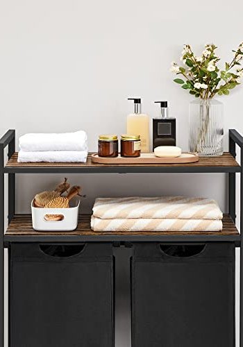 VASAGLE Wäschekorb, m. 2 Fächern und 2 Ablagen – braunes MDF und schwarzer Stoff/Stahl