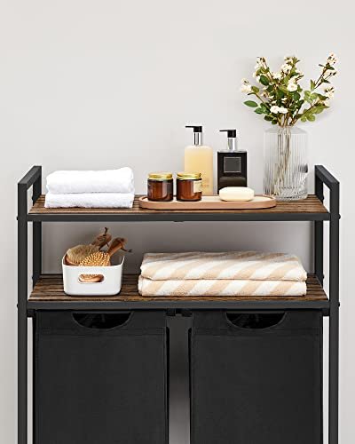 VASAGLE Wäschekorb, m. 2 Fächern und 2 Ablagen – braunes MDF und schwarzer Stoff/Stahl