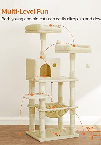 FEANDREA skrapestolpe, 5 niver, 2 plattformer, 1 hule, 2 pom-poms, 1 hengekye - beige plysj