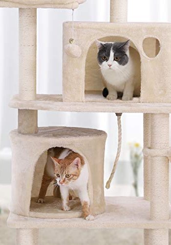 FEANDREA skrapestolpe, 5 niver, 2 plattformer, 2 huler, 2 pom-poms, 1 kurv - beige plysj