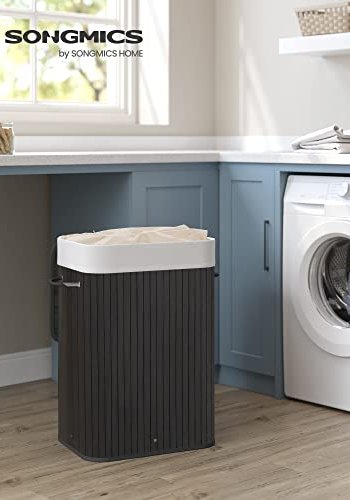 SONGMICS skittentyskurv, rektangulr, sammenleggbar m. 3 hndtak og 1 lokk - bomull og svart bambus