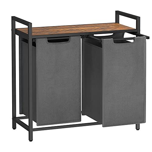 VASAGLE Wäschekorb, m. 2 Fächern – braunes MDF und grauer Stoff/Stahl