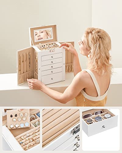 SONGMICS smykkeskrin, m. 6 lag, 5 skuffer, speil - hvit MDF