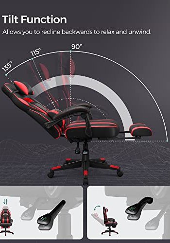 SONGMICS gaming stol, fotsttte, tilt funksjon, nakkesttte, korsryggsttte, armlener, hjul - svart/rd PU