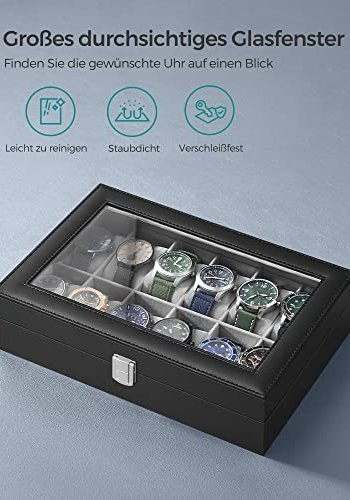 SONGMICS klokkeboks, m. 12 rom, glasslokk, avtakbare klokkeputer, metallls - grtt fôr og sort kunstskinn