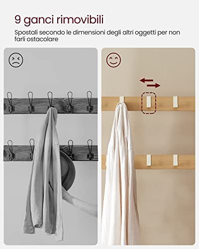 VASAGLE Flurregal, mit 9 Haken, 1 Kleiderstange, 3 Ablagen – natürliche Spanplatte und cremefarbener Stahl