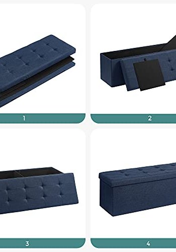SONGMICS Ottomansk oppbevaringsbenk, m. 1 lokk, 2 rom, sammenleggbar - marinebltt lin (110x38)