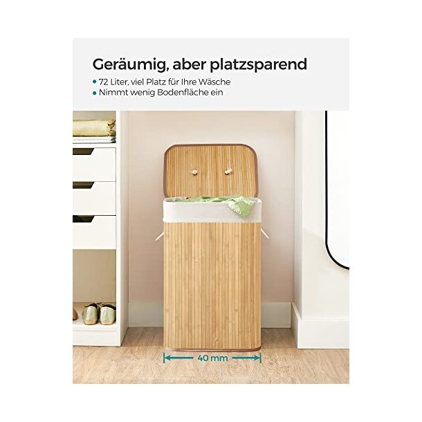 SONGMICS vasketjskurv, foldbar, m. 1 lg, aftageligt og vaskbart for - bomuld og natur bambus