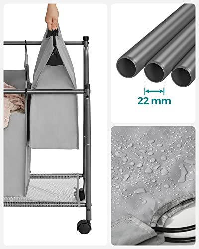 SONGMICS rullende vasketjskurv med 4 aftagelige poser og hjul - gr polyester stof og gr jern