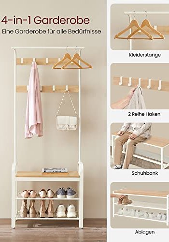 VASAGLE Flurregal, mit 9 Haken, 1 Kleiderstange, 3 Ablagen – natürliche Spanplatte und cremefarbener Stahl