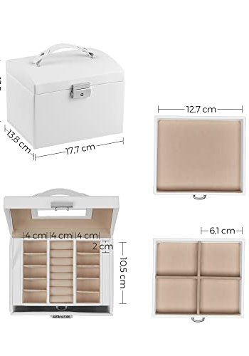 SONGMICS smykkeskrin, 3 lag, m. hndtak, 2 skuffer, lsbar, m. speil - hvit
