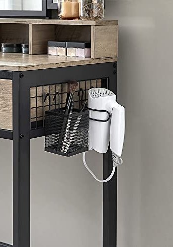 VASAGLE Schminktisch, dreifach klappbarer Spiegel, 3 Schubladen, 4 Fächer, Hocker – graue Spanplatte, schwarzer Stahl (90 x 40)