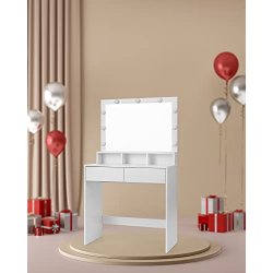 Makeupbord/sminkebord, m. spejl, 9 LED-prer, 2 skuffer, 3 rum  (80x40)