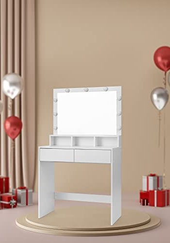 VASAGLE Sminkbord Tvttstll med 9 LED-lampor och spegel Justerbar ljusstyrka 2 ldor och 3 ppna fack Ldor Modern Vit RDT120T10