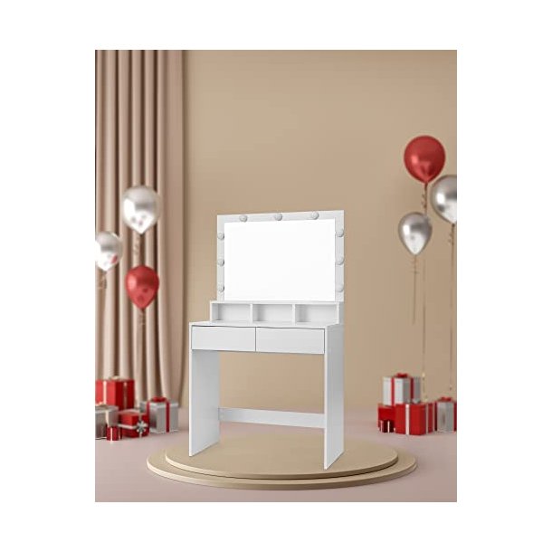 Makeupbord/sminkebord, m. spejl, 9 LED-prer, 2 skuffer, 3 rum  (80x40)