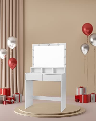 VASAGLE Sminkbord Tvttstll med 9 LED-lampor och spegel Justerbar ljusstyrka 2 ldor och 3 ppna fack Ldor Modern Vit RDT120T10