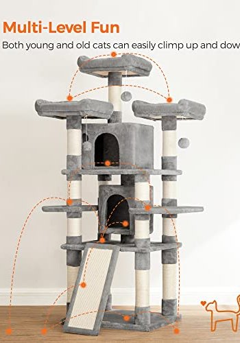 FEANDREA stor skrapestolpe, 5 niver, 3 plattformer, 2 huler, 3 pom-poms - lys gr plysj