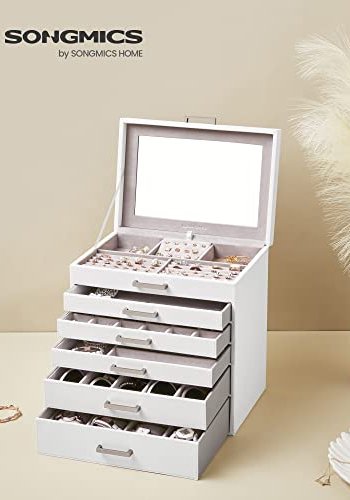 SONGMICS smykkeskrin, m. 6 lag, 5 skuffer, speil - hvit MDF