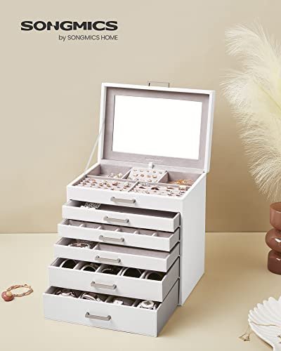 SONGMICS smykkeskrin, m. 6 lag, 5 skuffer, speil - hvit MDF
