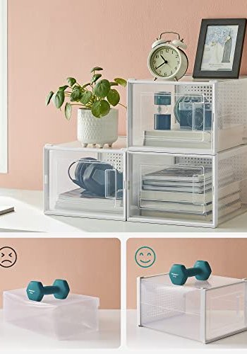 SONGMICS skoeske, stablebar, sammenleggbar, opp til UK strrelse 10,5 - klar og hvit plast (sett med 8)