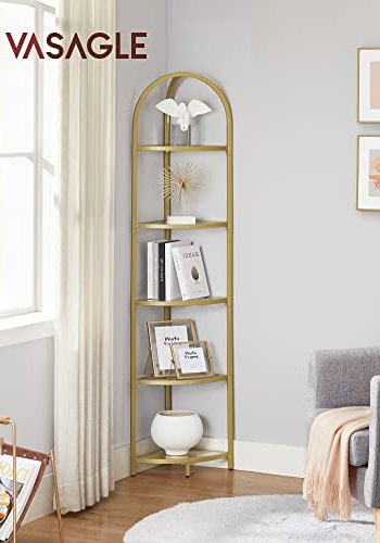 VASAGLE hjrne bokhylle, m. 5 hyller - herdet glass og gullstl