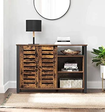 VASAGLE Sideboard, mit 2 Lamellentüren und verstellbaren Einlegeböden – rustikale braune Spanplatte und schwarzer Stahl