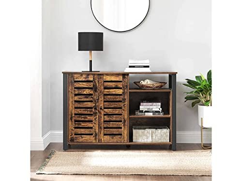 VASAGLE Sideboard, mit 2 Lamellentüren und verstellbaren Einlegeböden – rustikale braune Spanplatte und schwarzer Stahl