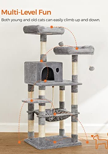 FEANDREA skrapestolpe, 5 niver, 2 plattformer, 1 hule, 2 pom-poms, 1 hengekye - lys gr plysj