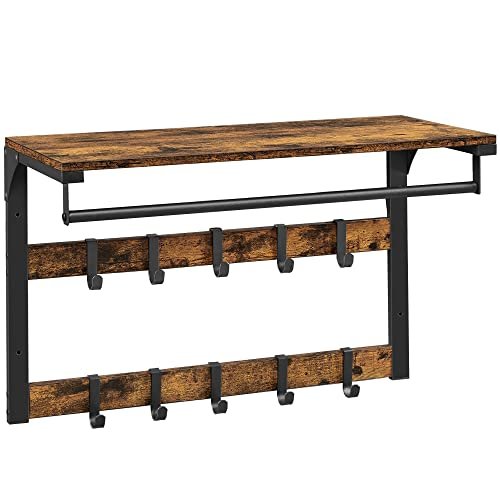 VASAGLE hattehylle, m. 10 kroker og 1 hengerstang - brun sponplate og sort stl