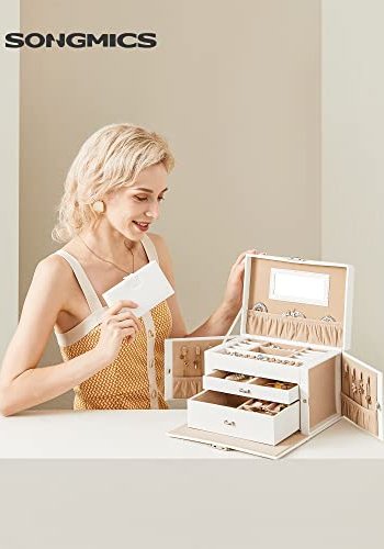 SONGMICS smykkeskrin, m. 2 skuffer, lsbar koffert, speil, transportabel reisekoffert ? hvitt kunstskinn