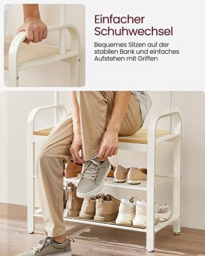 VASAGLE Flurregal, mit 9 Haken, 1 Kleiderstange, 3 Ablagen – natürliche Spanplatte und cremefarbener Stahl