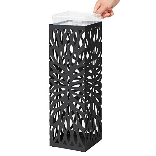 SONGMICS paraplyholder, firkantet, m. 4 kroker og avtagbart dryppbrett - svart metall