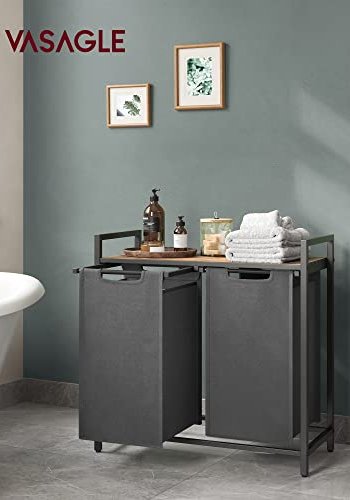 VASAGLE Wäschekorb, m. 2 Fächern – braunes MDF und grauer Stoff/Stahl