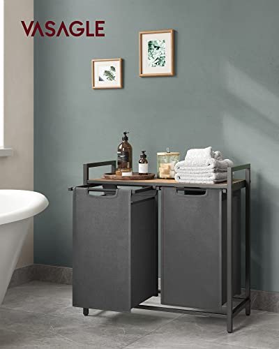 VASAGLE Wäschekorb, m. 2 Fächern – braunes MDF und grauer Stoff/Stahl