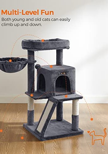 FEANDREA skrapestolpe, 3 niver, 1 plattform, 1 hule, 1 pom pom, 1 kurv - rykgr plysj