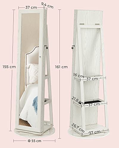 SONGMICS smykkeskap, 360° roterbart, m. speil, hyller, 3-i-1 lsbar - hvit med graktig trekorn MDF
