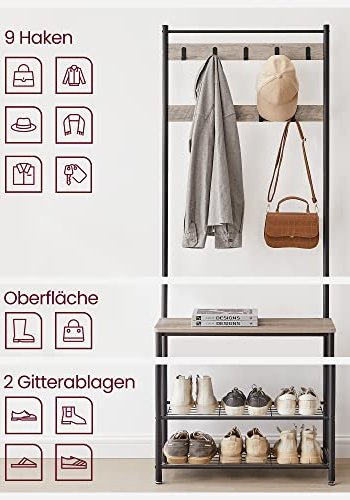 VASAGLE inngangsarrangement, m. 9 kroker, 3 hyller - greige sponplater og sort stl