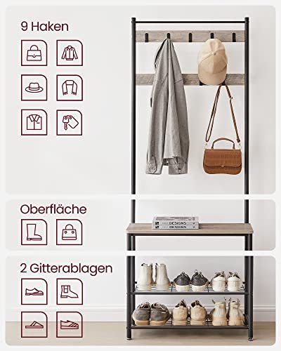 VASAGLE inngangsarrangement, m. 9 kroker, 3 hyller - greige sponplater og sort stl