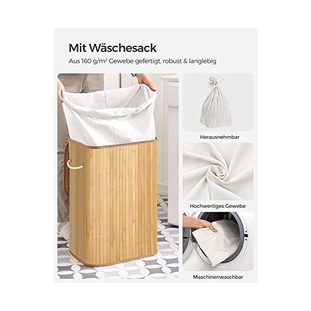 SONGMICS vasketjskurv, foldbar, m. 1 lg, aftageligt og vaskbart for - bomuld og natur bambus