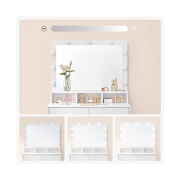 Makeupbord/sminkebord, m. spejl, 9 LED-prer, 2 skuffer, 3 rum  (80x40)