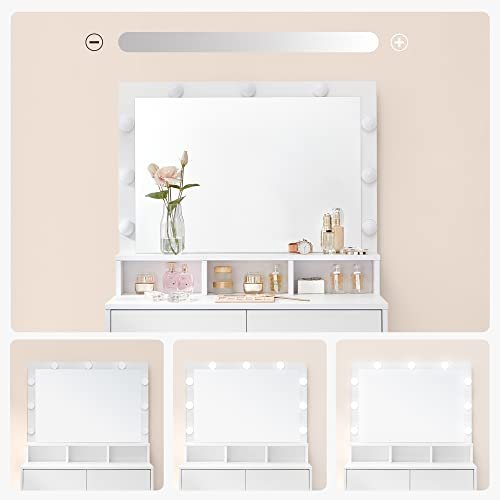 VASAGLE Sminkbord Tvttstll med 9 LED-lampor och spegel Justerbar ljusstyrka 2 ldor och 3 ppna fack Ldor Modern Vit RDT120T10
