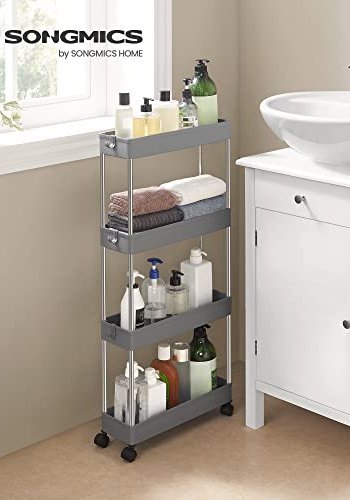 SONGMICS schmaler Rollwagen mit 4 Ablagen und Rädern – graues Polypropylen und Stahl