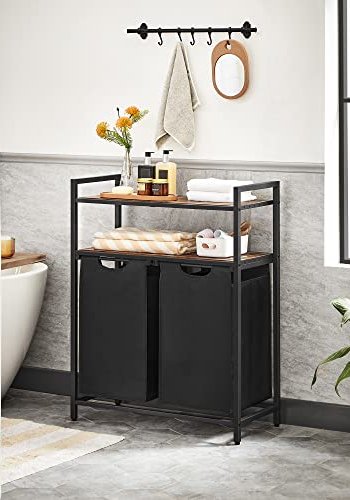 VASAGLE Wäschekorb, m. 2 Fächern und 2 Ablagen – braunes MDF und schwarzer Stoff/Stahl