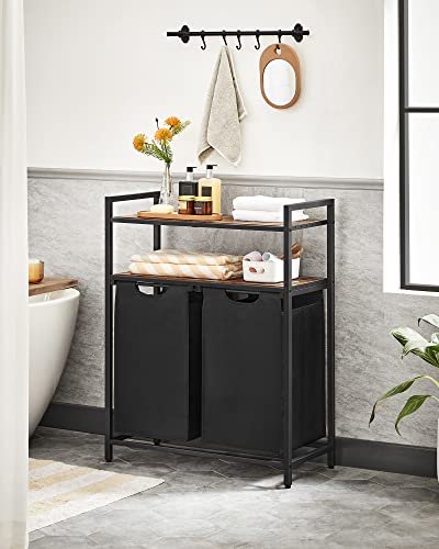 VASAGLE Wäschekorb, m. 2 Fächern und 2 Ablagen – braunes MDF und schwarzer Stoff/Stahl