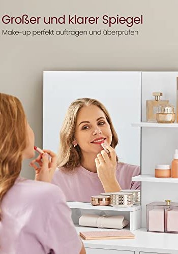 VASAGLE sminkebord, m. speil, 1 skuff, 4 hyller, 1 skapspeilglass og hvit sponplate (80x40)